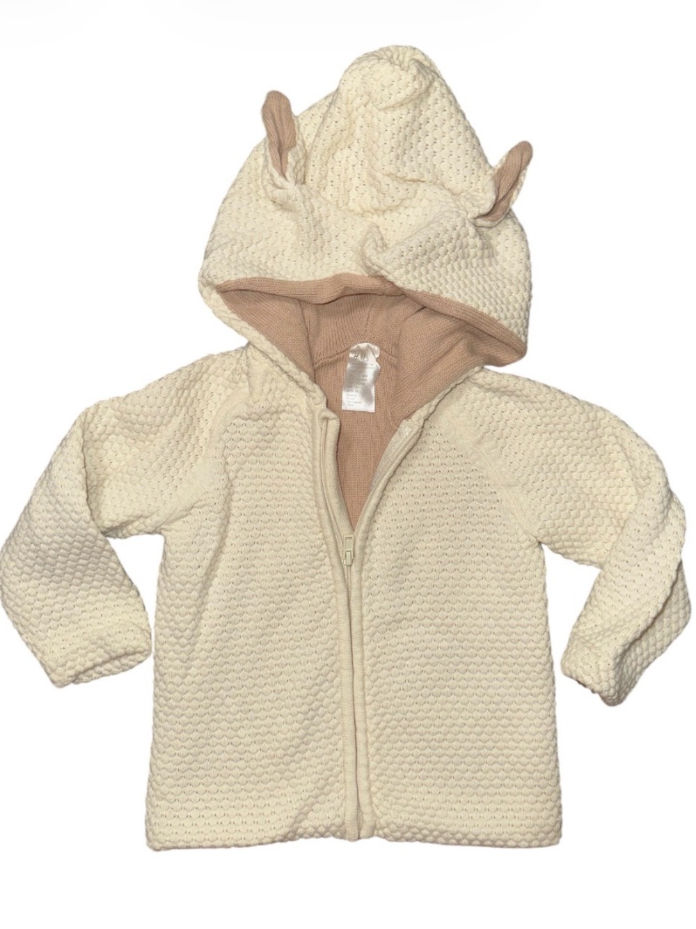 H&M Premium Cotton Knit Little Lamb Cream Hooded Zip-Up - Lined